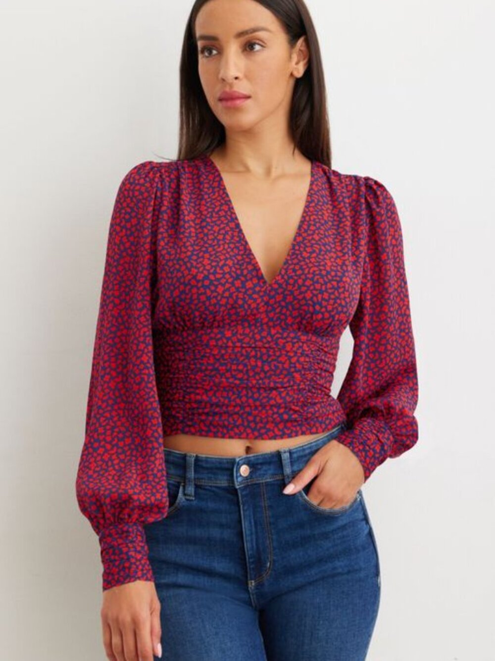 Dynamite Red & Black Printed V-Neck Women’s Top (40)